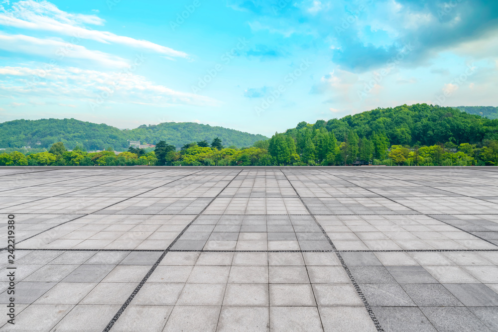 Empty Plaza Floor Bricks and Beautiful Natural Landscape.. Empty Plaza Floor Bricks and Beautiful Natural Landscape..