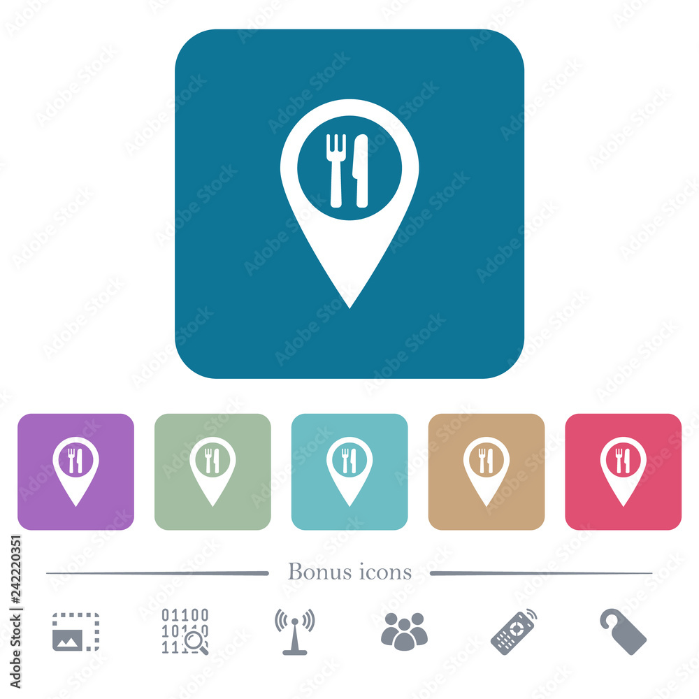 Restaurant GPS map location flat icons on color rounded square backgrounds Restaurant GPS map location flat icons on color rounded square backgrounds