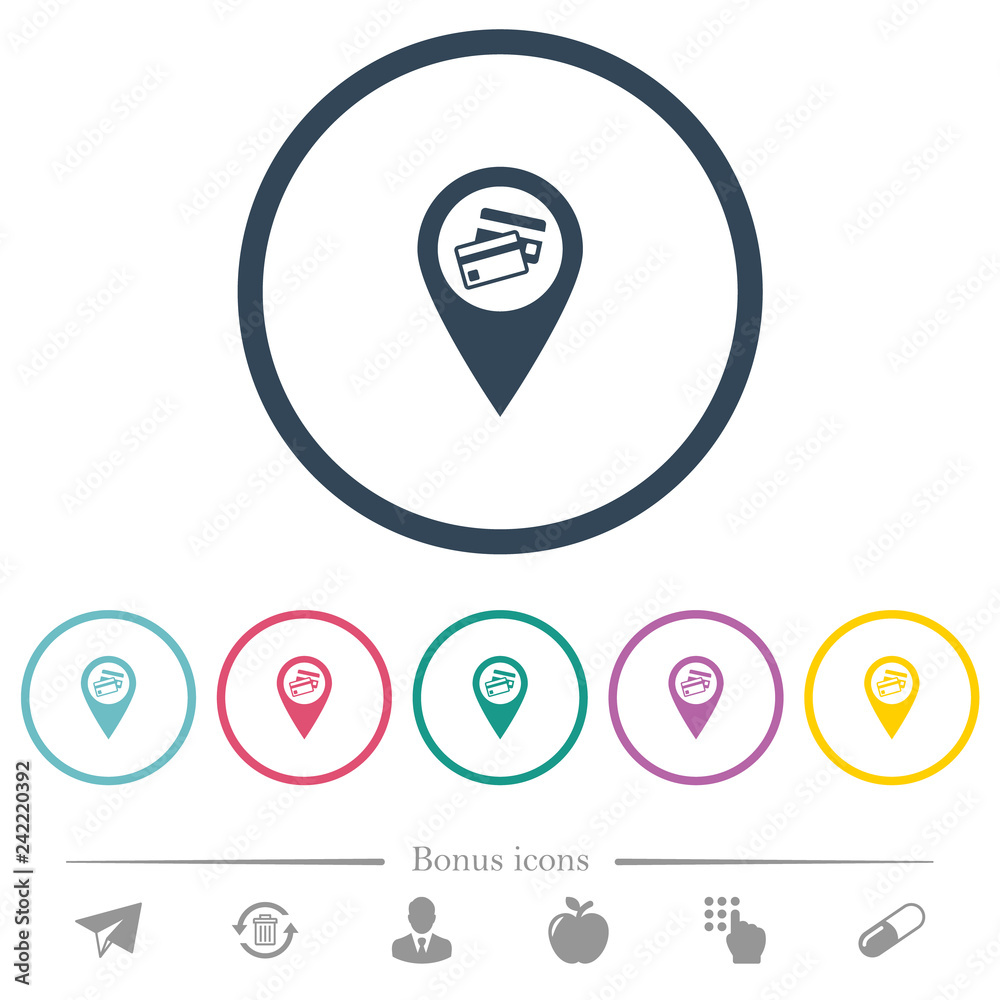 Credit card acceptance GPS map location flat color icons in round outlines Credit card acceptance GPS map location flat color icons in round outlines