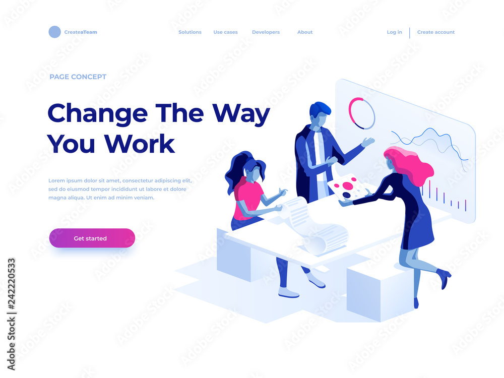 People work in a team and interact with graphs. Business, workflow management and office situations. Landing page template. 3d vector isometric illustration.