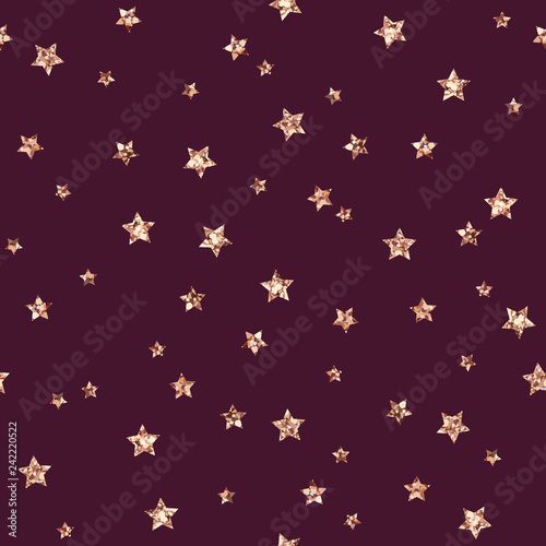Rose Gold Glitter Stars Seamless Pattern - Scattered rose gold glitter stars on maroon red background seamless pattern