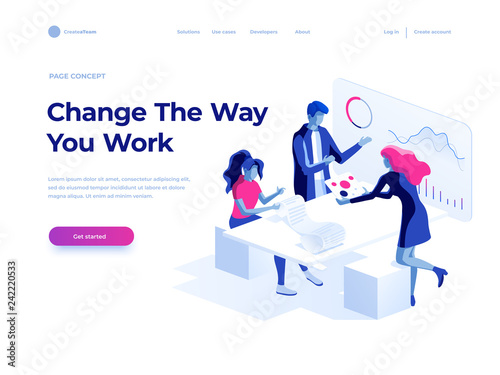 People work in a team and interact with graphs. Business, workflow management and office situations. Landing page template. 3d vector isometric illustration.