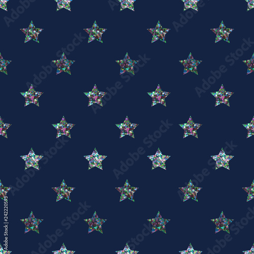 Multicolor Glitter Stars Seamless Pattern - Rows of multicolor glitter stars on deep blue background seamless pattern
