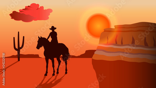 Silhouette of a cowboy riding a horse at sunset - vector background