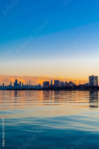 Chicago skyline on the lake at sunset