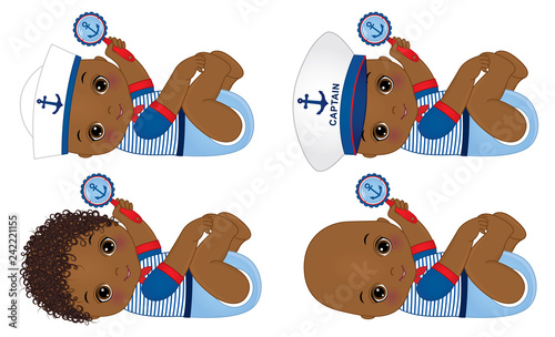 Vector cute little African American baby boys dressed in nautical style