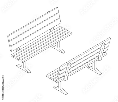 Outline isometric wooden park bench set. Vector illustration.