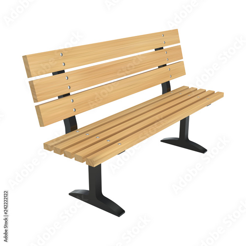 Realistic wooden park bench. Perspective view vector illustration.