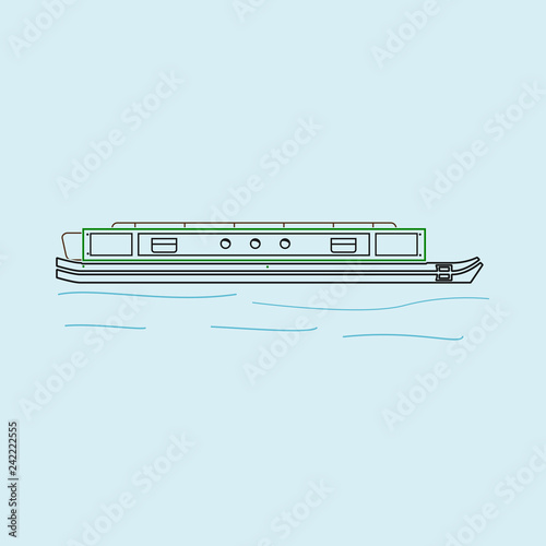 Editable Side View Narrow Boat Vector Illustration With Water Waves in Outline Style for Artwork Element of Transportation or Recreation of United Kingdom or Europe Related Design
