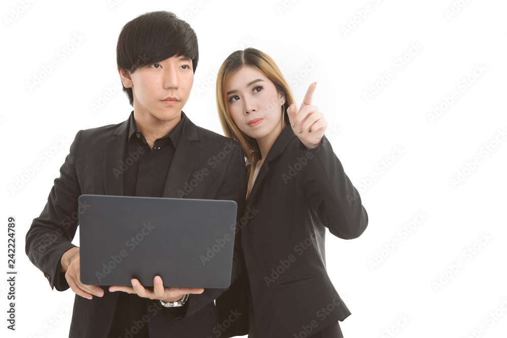 Portrait of asian businessman holding notebook and asian businesswoman pointing finger. Target concept. Portrait of asian businessman holding notebook and asian businesswoman pointing finger. Target concept.