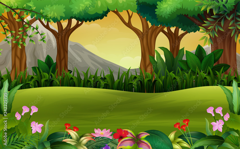 Panoramic green forest landscape with mountain background Stock Vector
