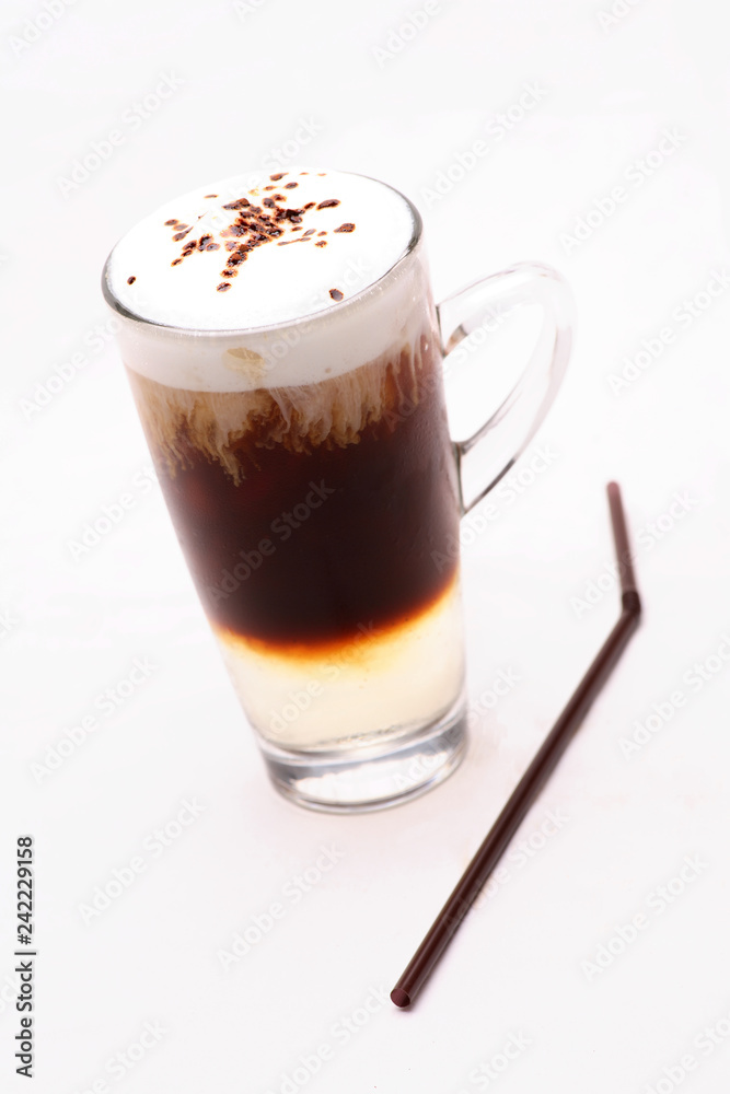 Black coffee, cappuccino, baked milk In a clear glass on a white background Black coffee, cappuccino, baked milk In a clear glass on a white background