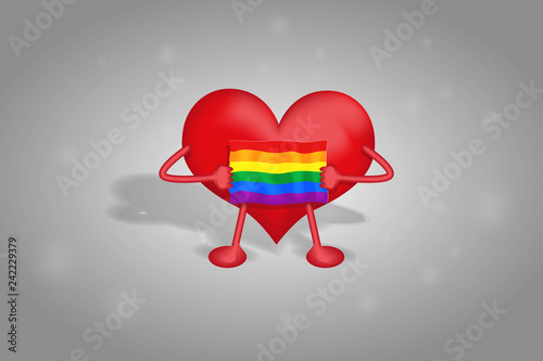 Heart holds the flag of the LGBT in the colors of the rainbow on a gray background with a shimmer