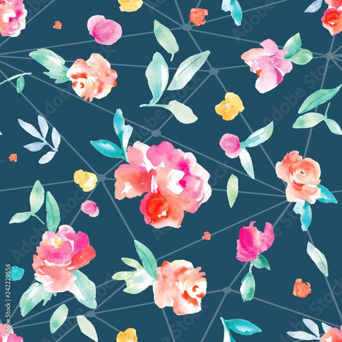 Cute, Bright, Colorful Watercolor Flower Background Pattern. Girly Spring Floral Wallpaper Patterns