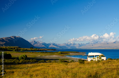 camping on shore of lake tekapo, new zealand photo