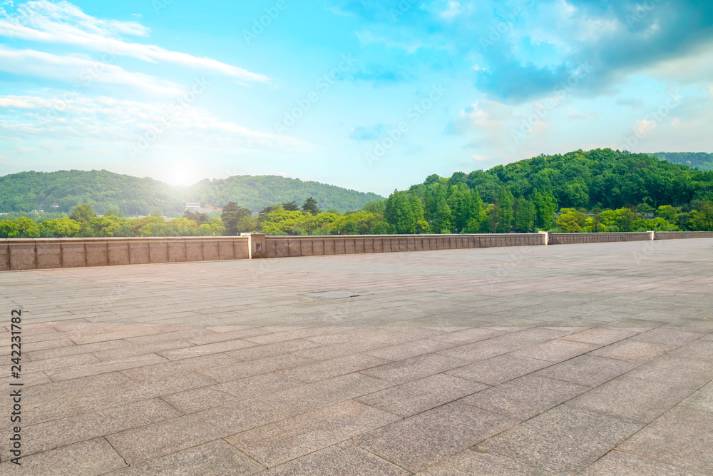 Empty Plaza Floor Bricks and Beautiful Natural Landscape..