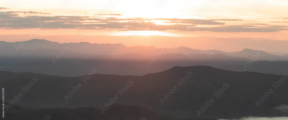  Landscape sunset and sunrise on the mountain in Thailand.