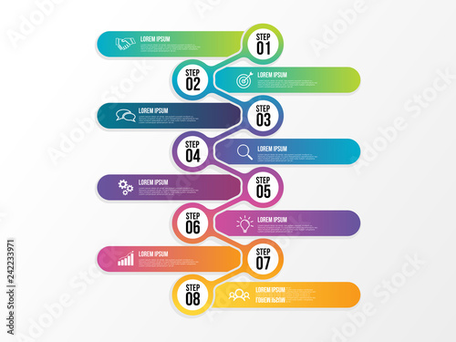 Business Infographics Vector Design template. Data Visualization Timeline with circles, steps, number options most useful can be used for workflow layout, presentation, diagram, annual reports