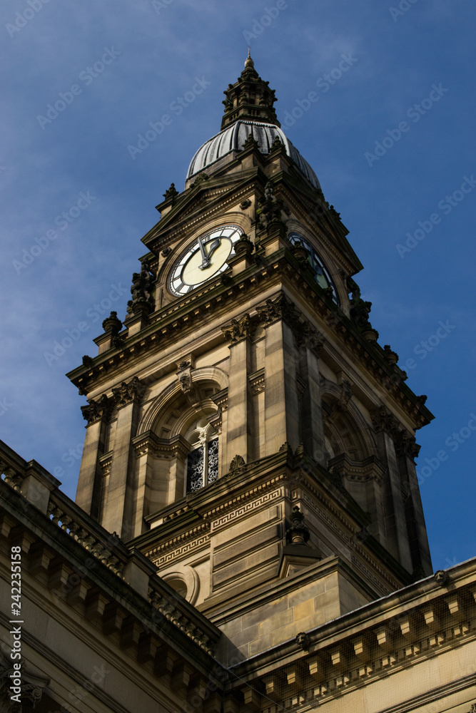 Bolton Town Hall clock tower in the afternoon light. Lancashire, England.