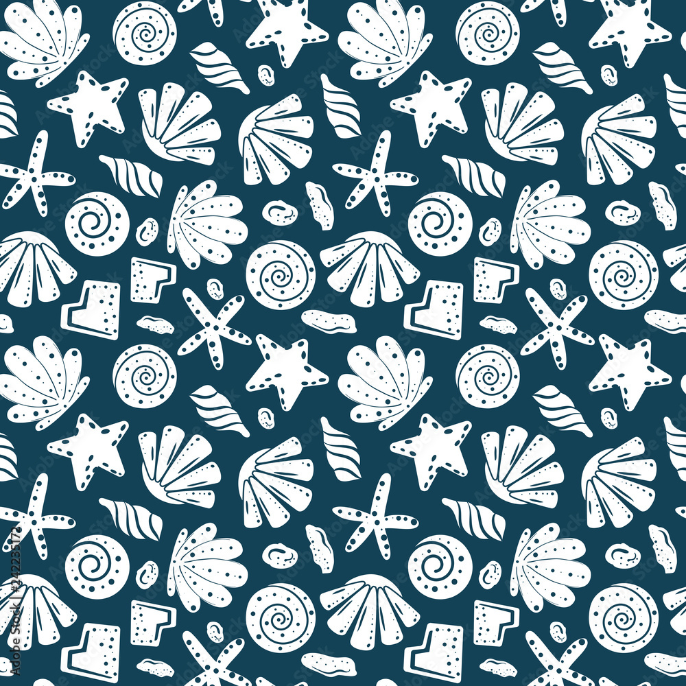 Fototapeta Sea shells, rocks, sand on the coast. Seamless pattern in blue and yellow. For pattern fills, wallpaper, print for clothes, wrapping paper