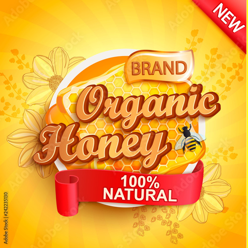 Honey organic label splash, natural and fresh on gold sunburst background for your brand, logo, template, label, emblem for groceries, stores, packaging and advertising, marketing. Vector illustration