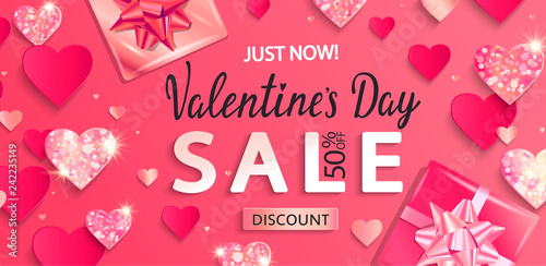 Valentines day sale banner with paper shiny glitter hearts,poster template.Pink abstract background with shimmer hearts, origami style, gifts.Discount flyer,card for february 14.Vector illustration.