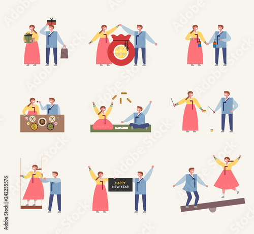 Traditional plays and foods that are on Korean holiday concept illustration. flat design vector graphic style.