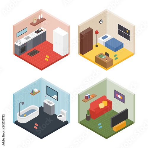 Isometric view room interior concept illustration. flat design vector graphic style.