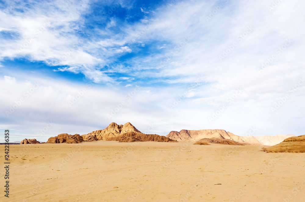 Panoramic view of the desert of Wadi Rum