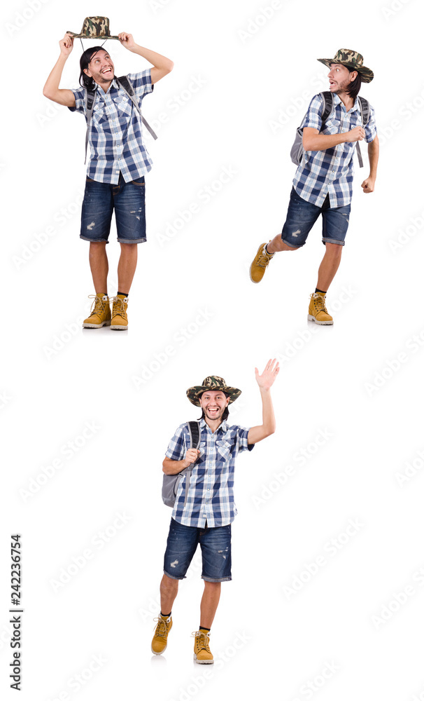 Fototapeta premium Young traveller with backpack isolated on white