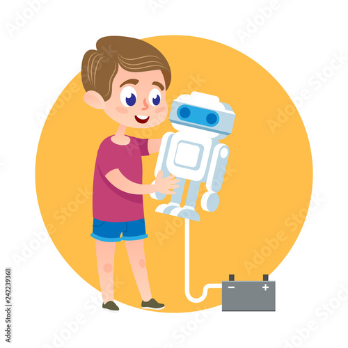 Smart Kid Making Robot. Catroon Illustration.