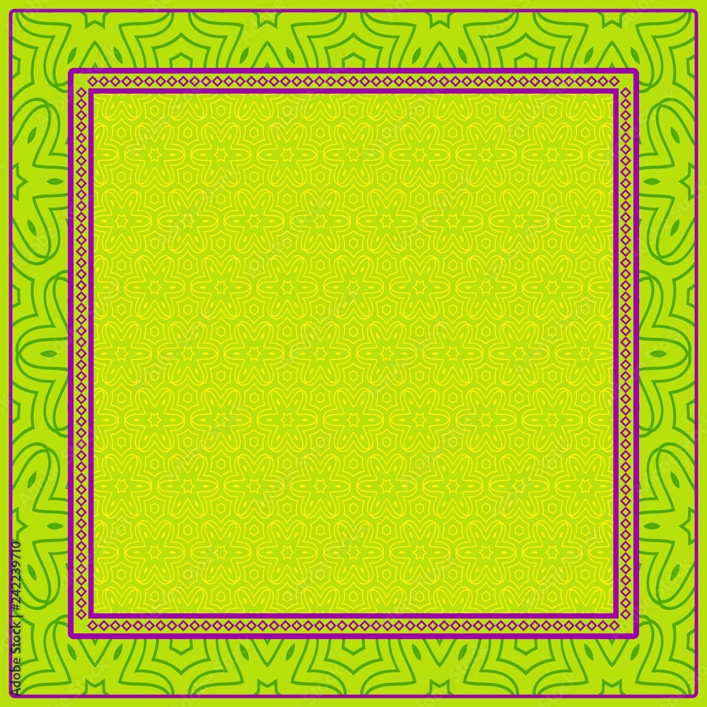 Geometric Pattern With Hand-Drawing Floral Ornament. Vector Illustration. For Fabric, Textile, Bandana, Print. Green, yellow color
