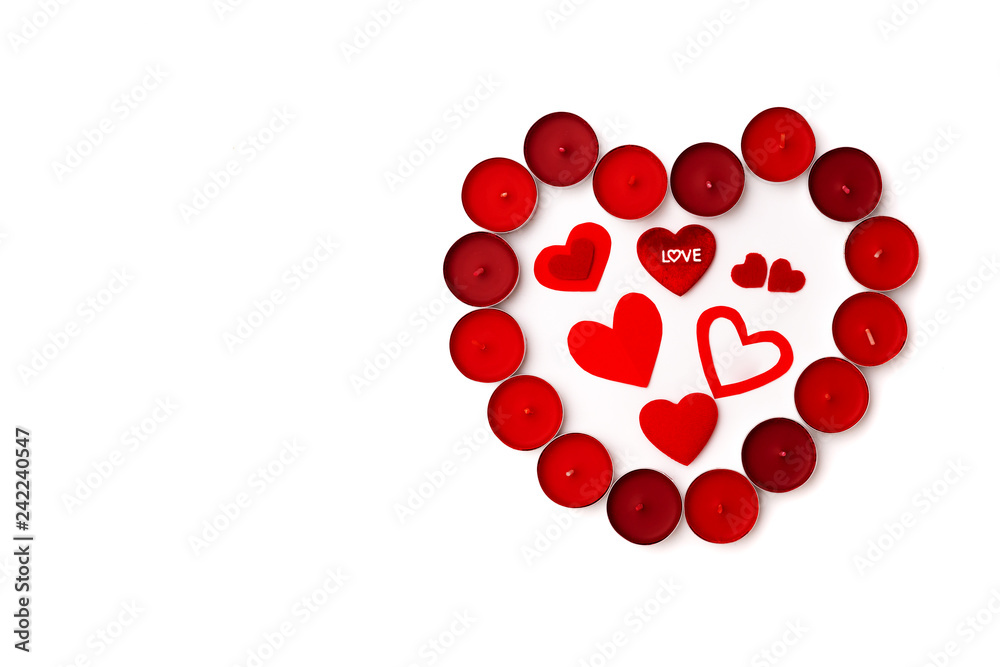 Valentine Day concept, white background with red hearts and candles