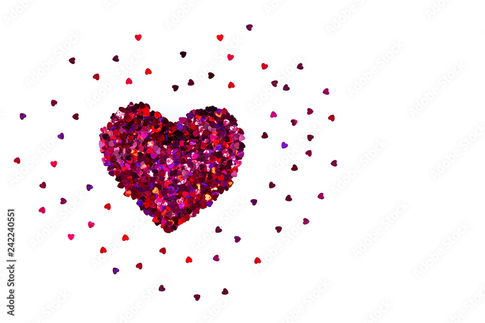 Valentine Day concept, white background with glitter red hearts