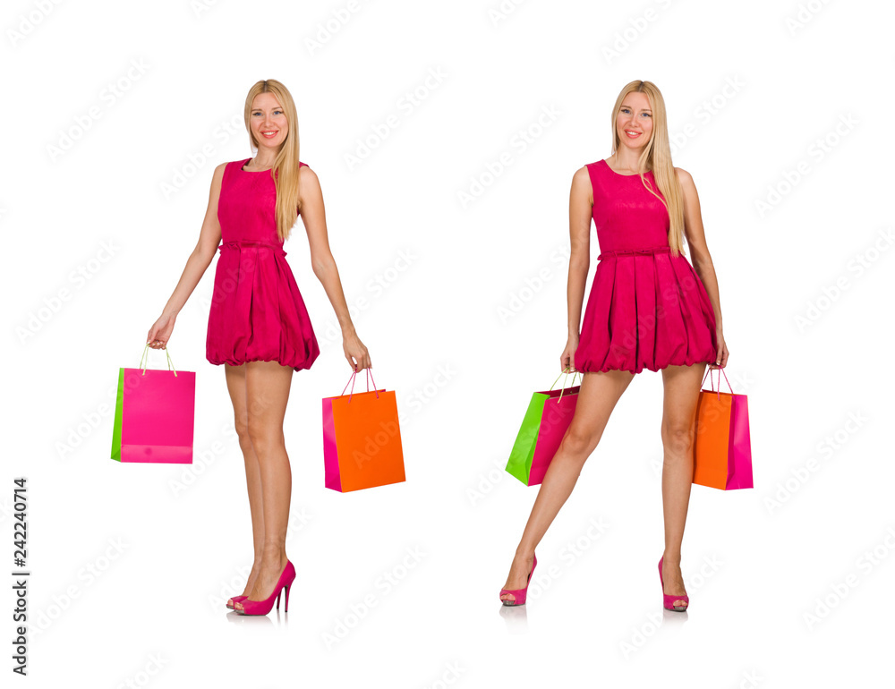 Woman after good christmas shopping isolated on white Woman after good christmas shopping isolated on white