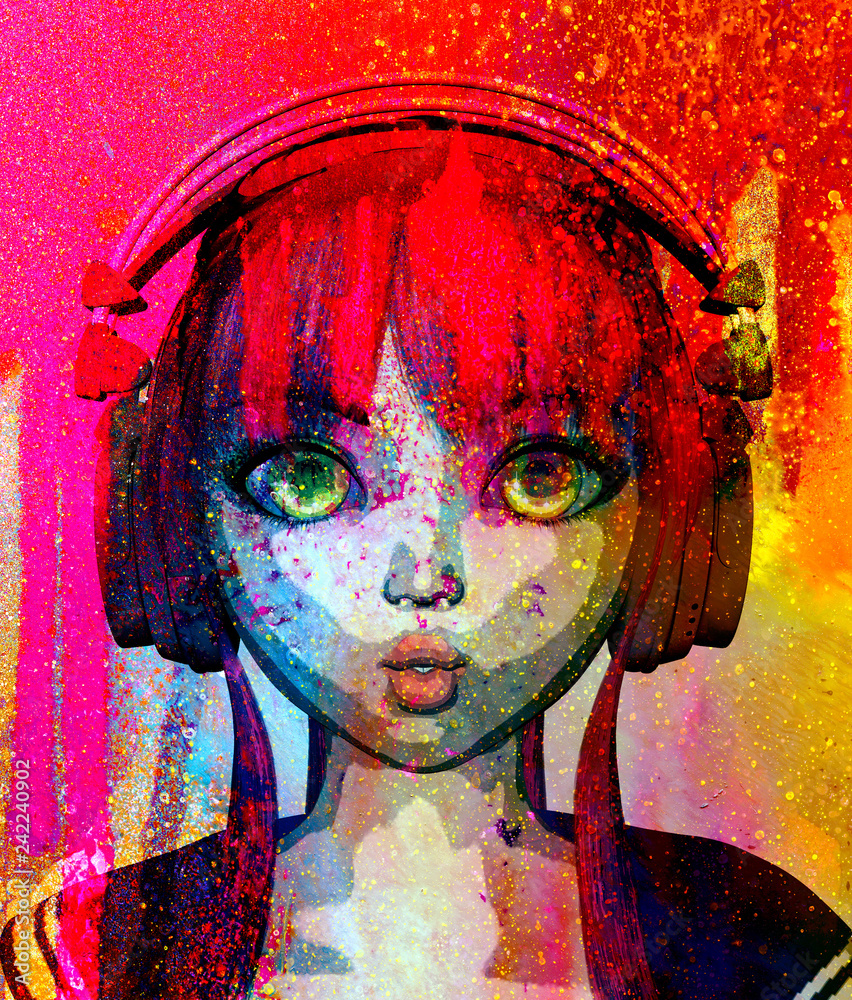 Fototapeta premium Portrait of happy anime girl with headphone,3d rendering,pop art style