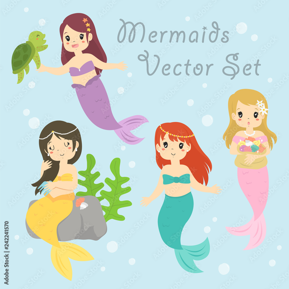 Beautiful mermaids vector collection with different activities. Mermaid combing her hair, playing with sea turtle and carrying a bag of seashells Beautiful mermaids vector collection with different activities. Mermaid combing her hair, playing with sea turtle and carrying a bag of seashells