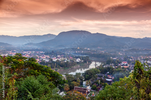 Beautiful stunning sunset in Luang Prabang Laos, from Mount Phusi. Laos is a popular travel destination in Southeast Asia