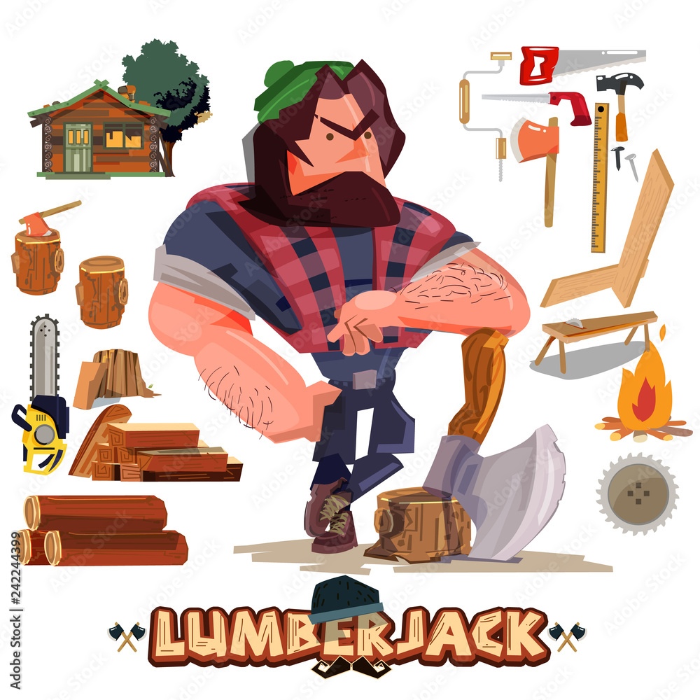 Lumberjack or carpenter with tool and equipment set - vector