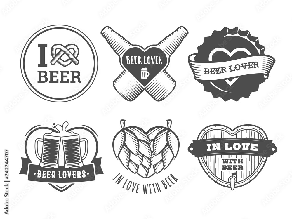 Beer lover badges. Valentines day craft beer logos. Vector vintage stickers with hearts, bottles