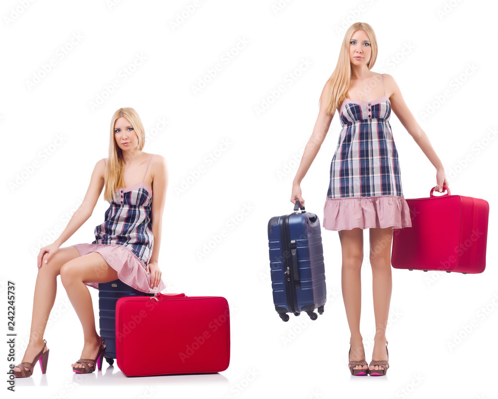 Beautiful woman with suitcase isolated on white Beautiful woman with suitcase isolated on white
