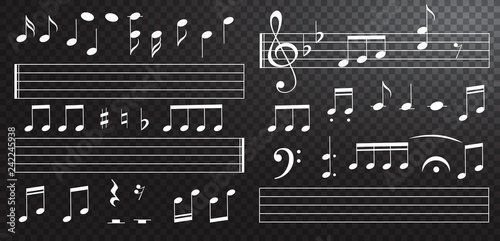 Music notes and keys on black background. Piano keys. Treble clef. Hand drawn effect vector. G-clef. Scribbles. Audio. Piano. Symphony. Song. Sing. Melody. Classic music.