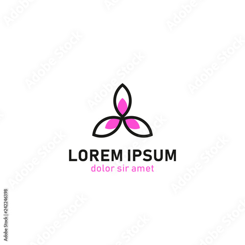 three violet pink flower petals form friangle shape logo design