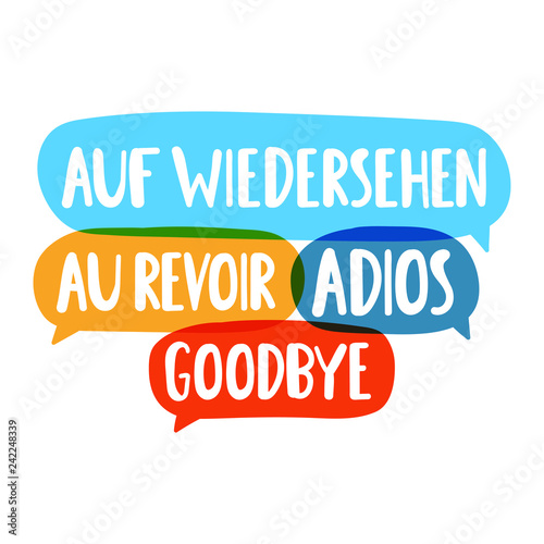Auf wiedersehen, au revoir, adios, goodbye. Translation concept. Hand drawn vector icon illustrations on white background.