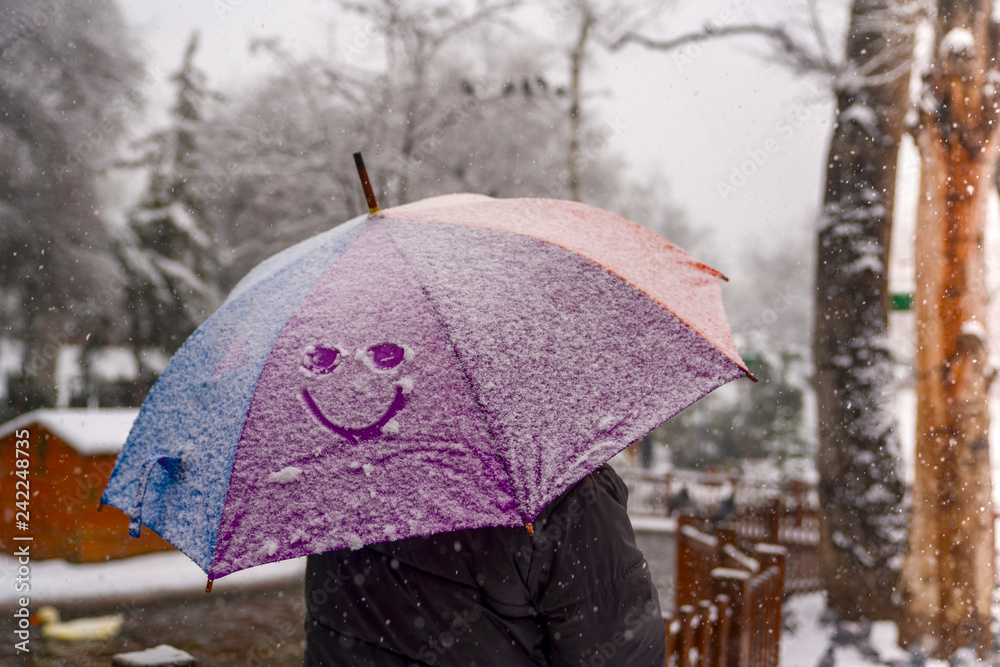 Man under colorful umbrella and smiling face on snowy umbrella