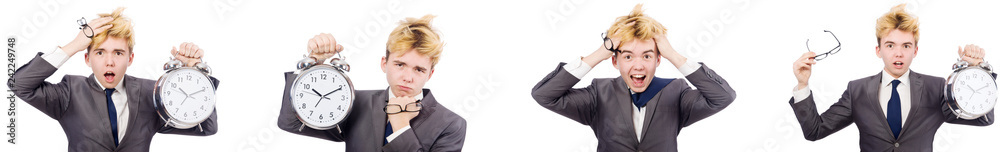 Young boy with alarm-clock in time management concept Young boy with alarm-clock in time management concept