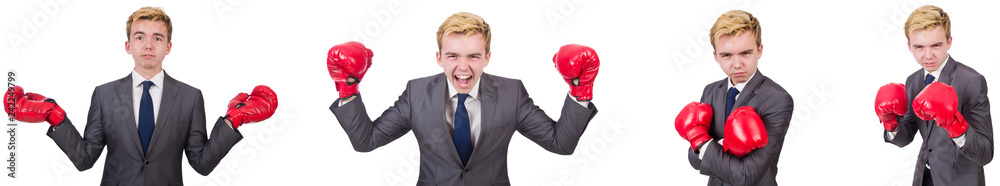 Young employee with boxing gloves isolated on white Young employee with boxing gloves isolated on white