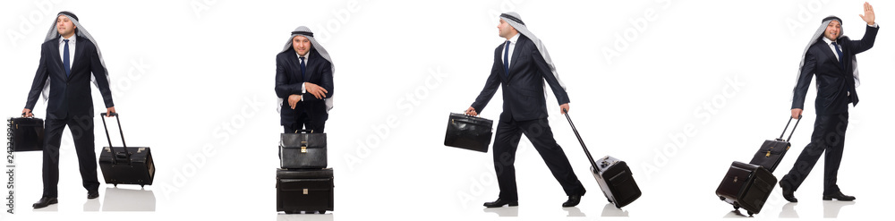 Arab businessman with suitcase isolated on white Arab businessman with suitcase isolated on white