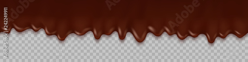 Seamless realistic flowing brown chocolate cream with drips on abstract checkered background.