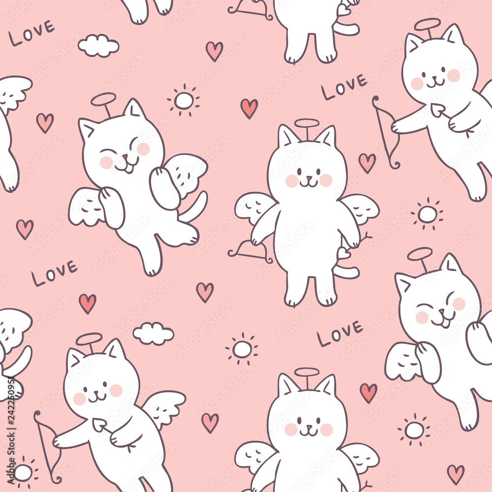 Cartoon cute Valentines day cupid cat and love seamless pattern vector.